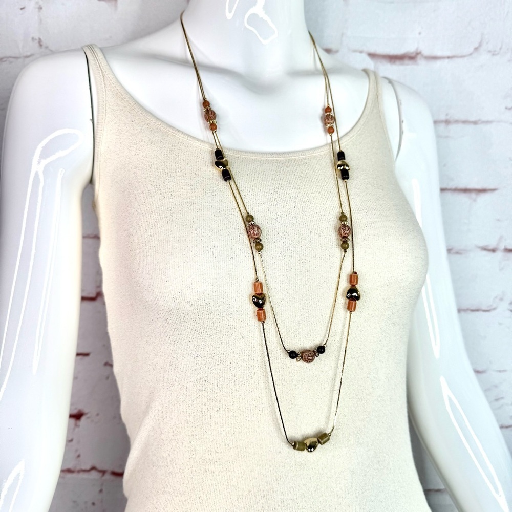 Double Strand 18 Inch Puffy Hearts and Beads Gold Plated Island Vibe Necklace